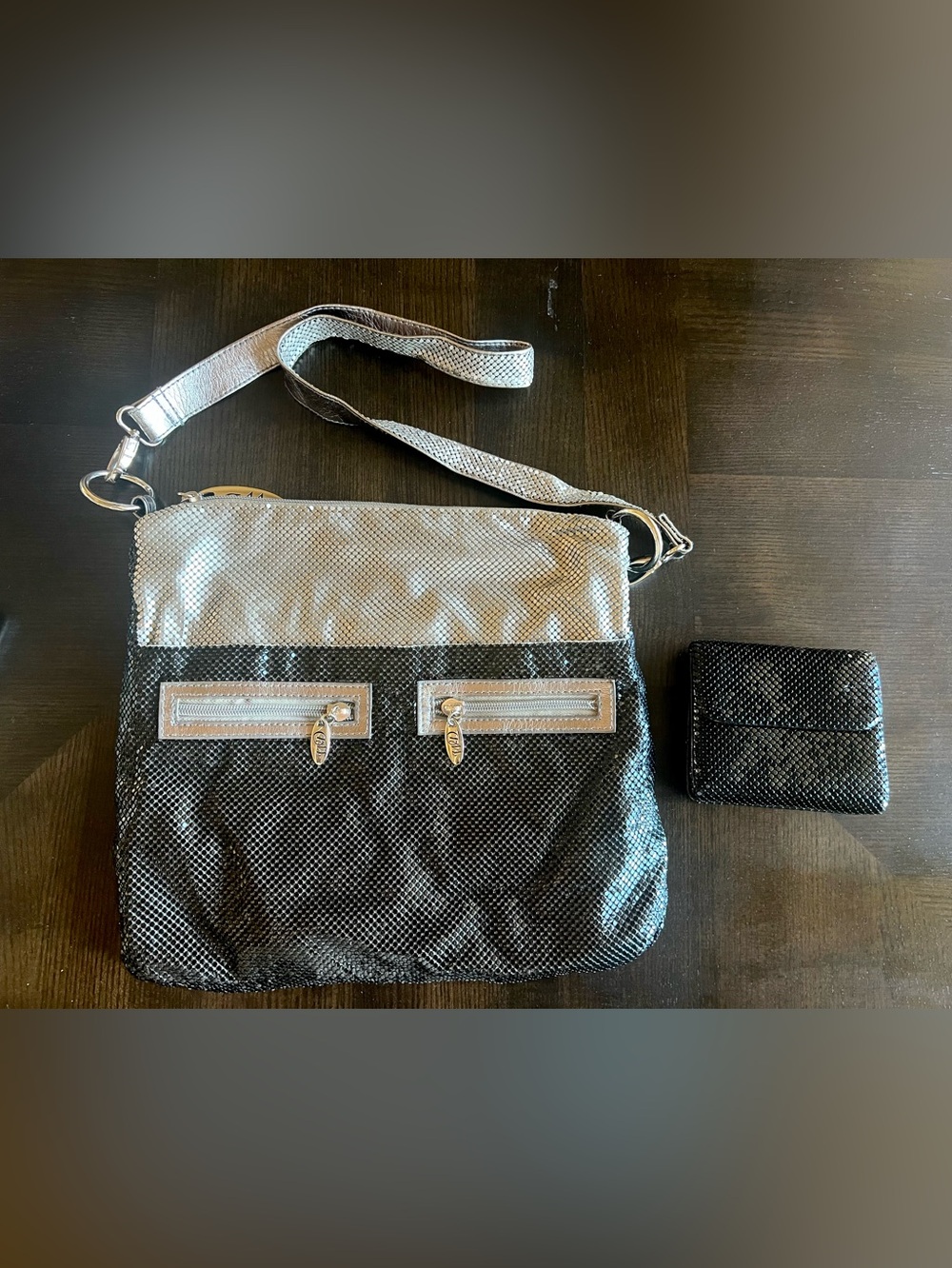WD by Whiting & Davis Black Silver Metal Mesh Crossbody Bag & Wallet Set EUC